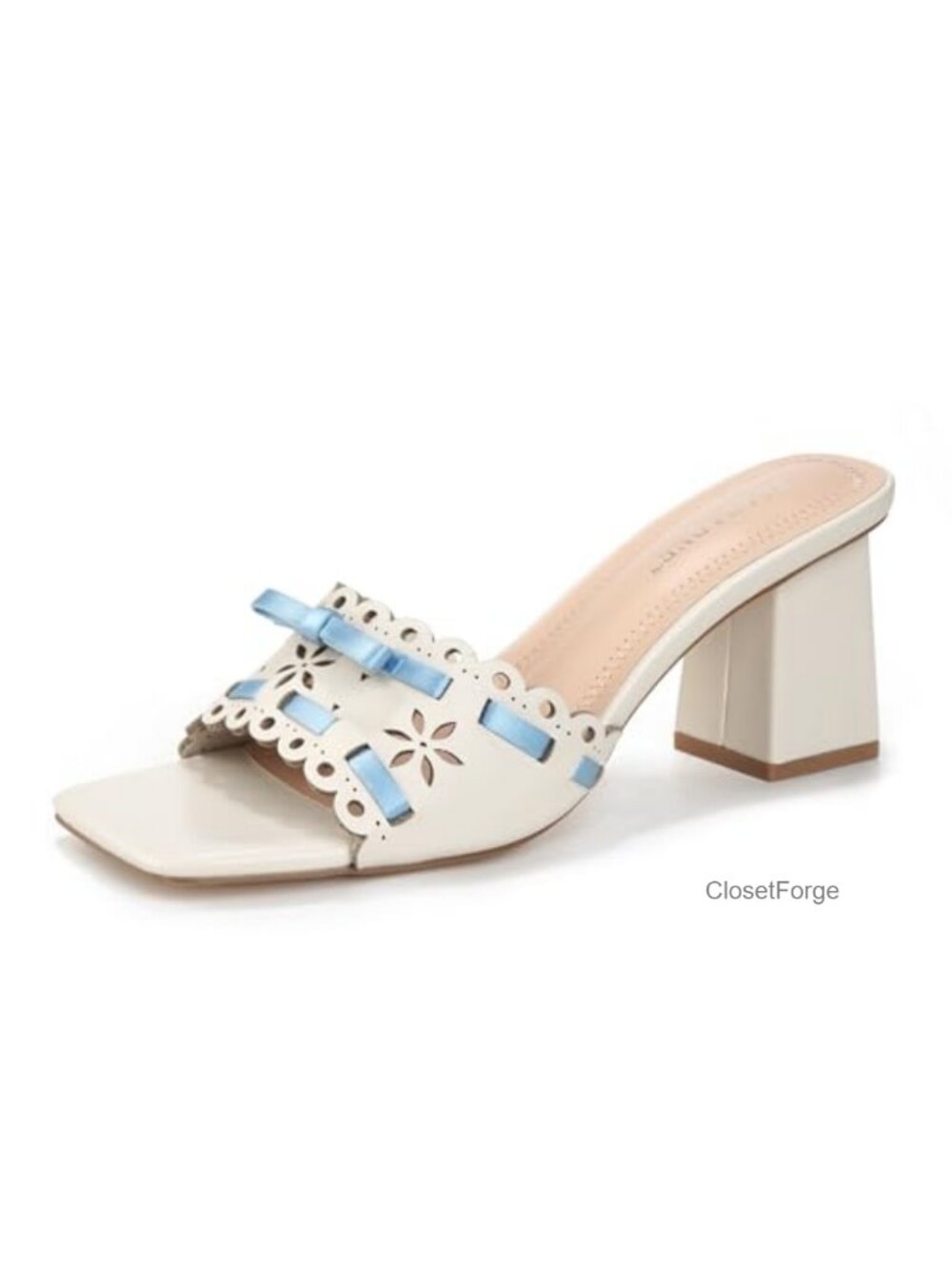 Women's Square Toe Chunky Heel Mule Sandals with Bow, Slip-On, PU Leather,